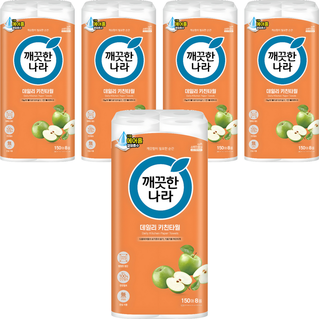깨끗한나라 데일리 천연펄프 키친타월, 8롤, 5개