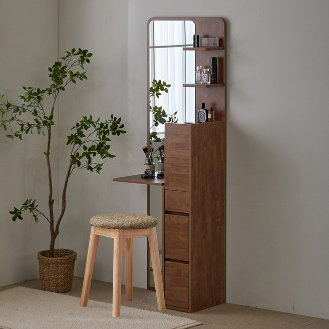 파로마 리오 전신거울 폴딩선반 수납 스탠딩 화장대 + 원목쿠션스툴 세트 방문설치, 헤이즐넛(화장대), 트위트브라운(스툴)