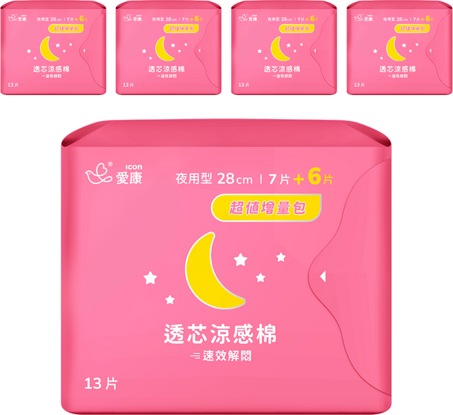 icon 愛康 透芯涼感衛生棉 護翼型, 夜用型 28cm, 13片, 5包