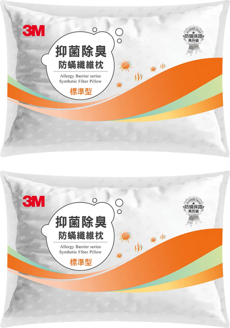 3M 抑菌除臭防螨纖維枕 標準型 680g, 白色, 2個