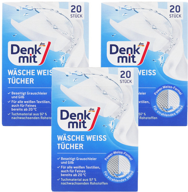 dm Denk mit 德國拋棄式 洗衣防染防褪色護色魔布 白色專用, 20片, 3盒