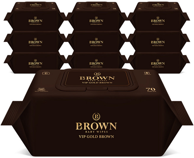브라운 VIP 골드 브라운 도톰한 엠보싱 저자극 아기 물티슈 캡형, 77g, 70매, 10개