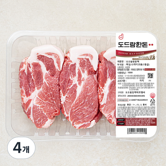도드람 한돈 1등급 목심 스테이크용 (냉장), 1kg, 4개