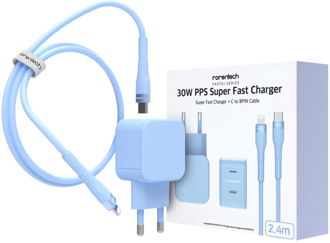 로랜텍 파스텔 고속 충전기 + PD C타입 to 8핀 케이블 2.4m 세트, 1개, 블루
