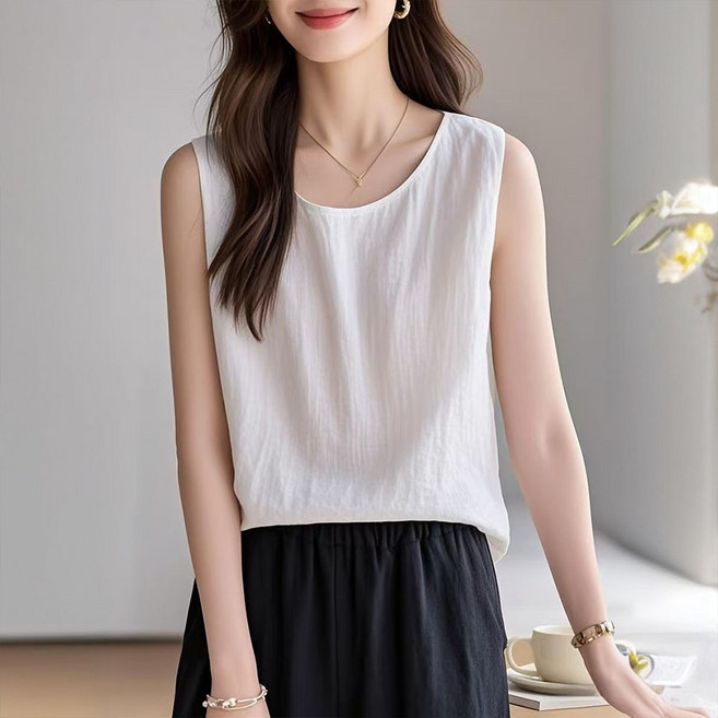 아뗄릭 여성용 여유핏 슬리브 텍스쳐 민소매 티셔츠 10443