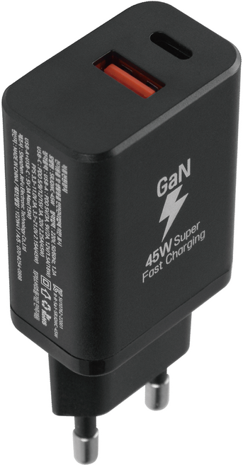 지파워 GaN PD45W 2구 갤럭시 아이폰 전기종 호환 초고속 충전기, 블랙, 1개