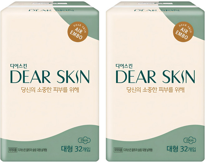 디어스킨 에어엠보 생리대 날개형, 대형, 32개입, 2개