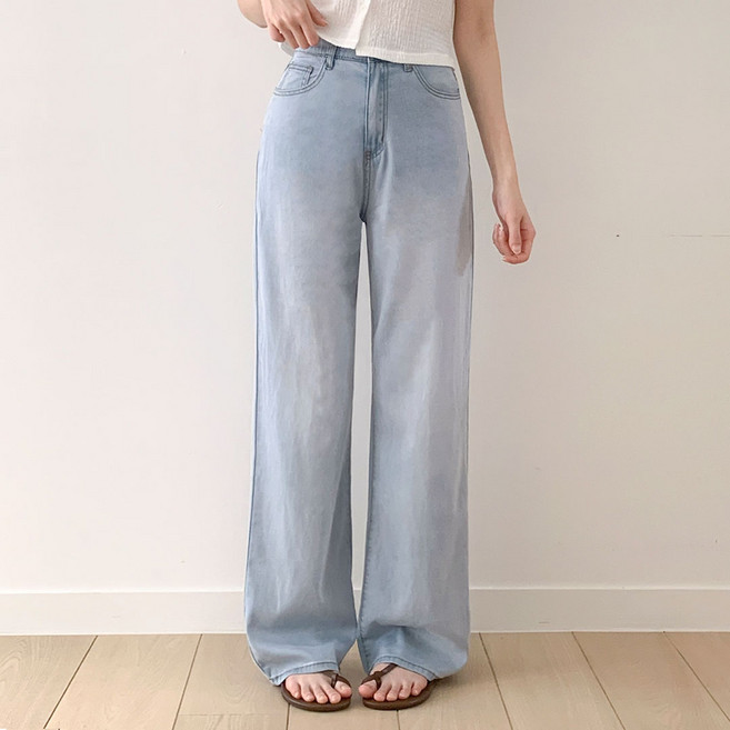 플랜데이 여성용 숏/미디움 기장 하이웨스트 와이드 텐셀 히든밴딩 데님팬츠