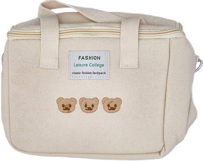 Mega 可愛刺繡小熊保溫包 肩帶防勒 多功能, 米白色, 1個