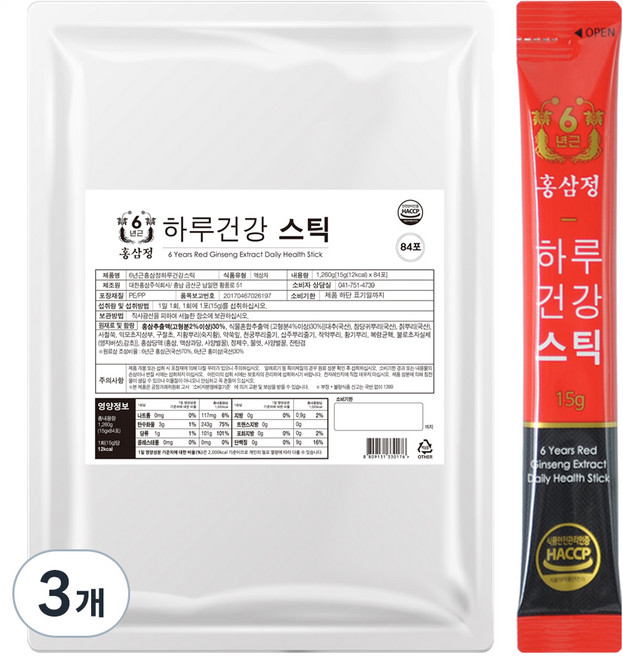 홍삼정 6년근 하루건강스틱, 1.26kg, 3개