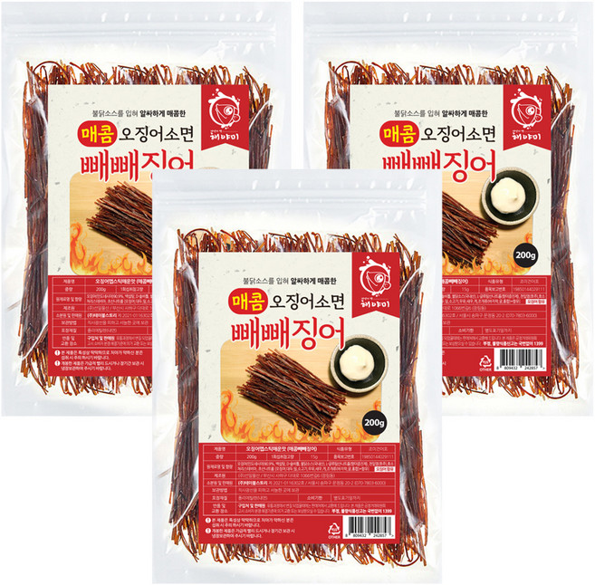 해야미 매콤 빼빼징어 오징어소면, 200g, 3개