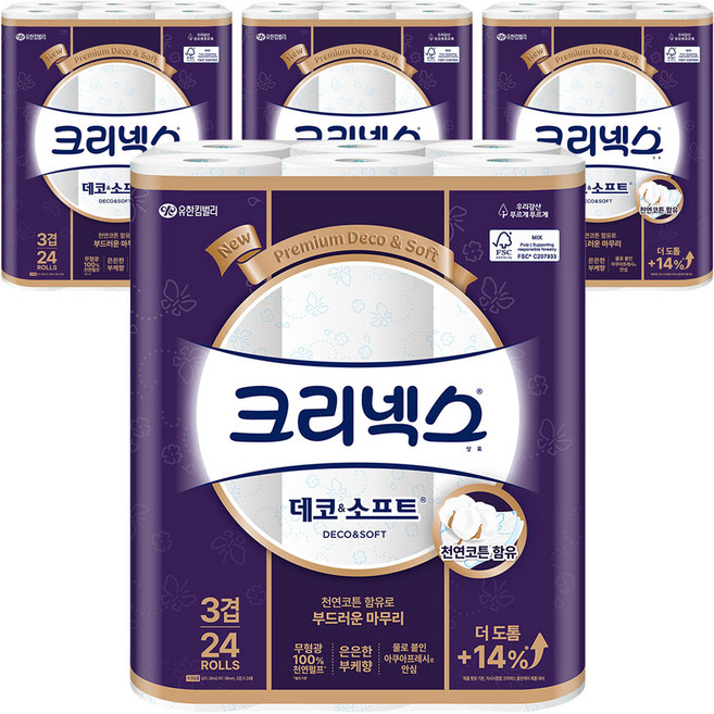 크리넥스 3겹 데코 앤 소프트 화장지, 28m, 24개입, 4개