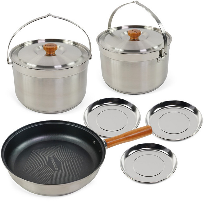 아이두젠 스텐 304 캠핑 코펠 냄비 6P 세트 국산 3중 스테인레스, 실버, 1세트