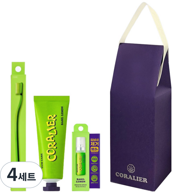 코랄리에 치약 + 칫솔 + 구강스프레이 싱글세트 바질레몬 잇몸, 4세트