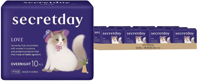 secretday 韓國原裝進口 Love系列 蝶翼衛生棉, 夜用型(36cm), 10片, 60包