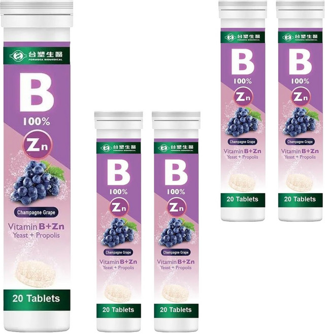 台塑生醫 維生素B群+鋅發泡錠 香檳葡萄口味, 20顆, 5瓶