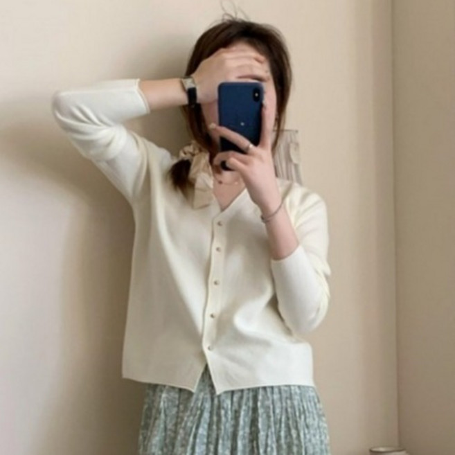 아이엠몽 여성용 빈즈 브이넥 무지 데일리 가디건