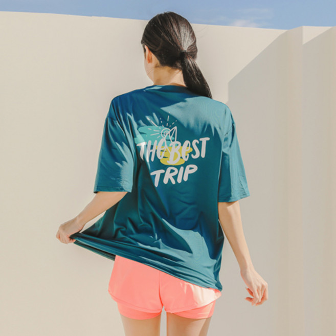 튜브트리 여성용 오버핏 반팔 래쉬가드 상하 세트 BE6218, 코랄블루 + 피치