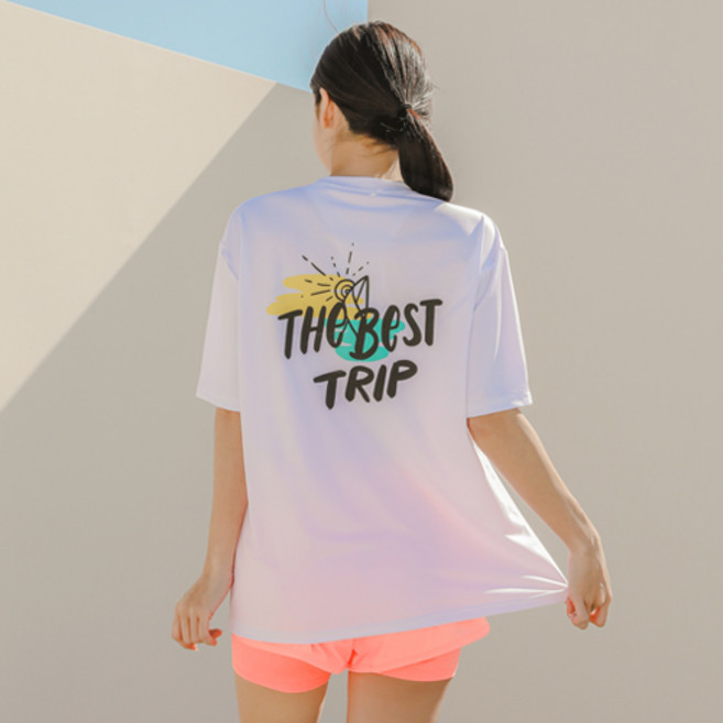 튜브트리 여성용 오버핏 반팔 래쉬가드 상하 세트 BE6218, 화이트 + 피치