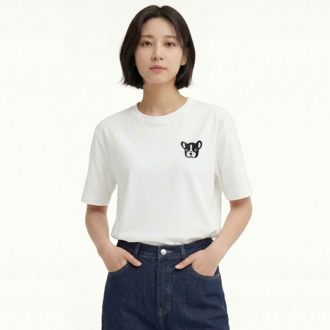 옥스타 남녀공용 통기성 불독 자수 패치 반팔 티셔츠 7TS010