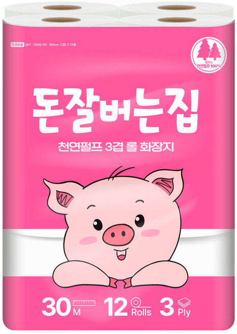 돈잘버는집 천연펄프 3겹 롤화장지, 30m, 12개입, 1개