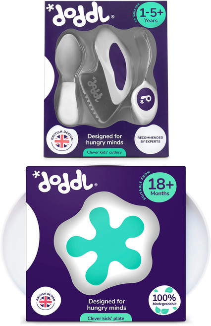doddL 秒拾餐具 人體工學 兒童學習餐具3件組, 1組, 藍莓紫, 幼兒湯匙 + 叉子 + 刀子 + 飛碟餐盤