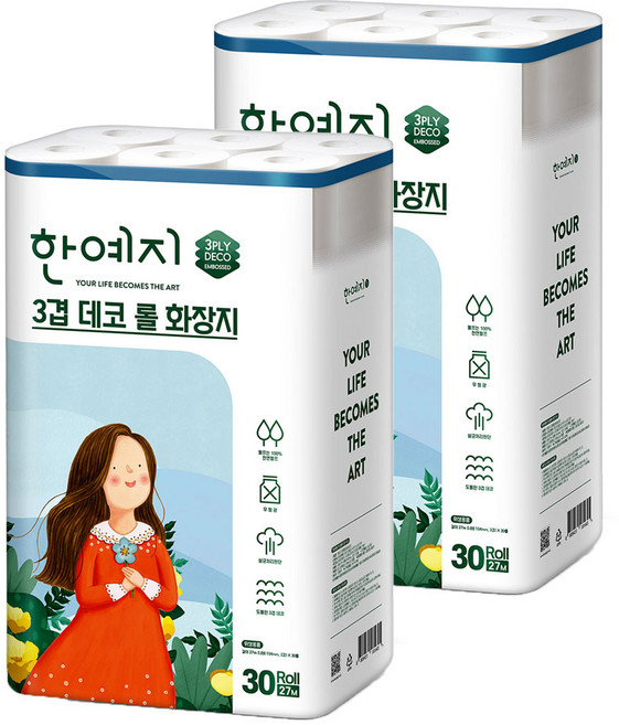 한예지 3겹데코 천연펄프 롤화장지 27m, 30롤, 2개