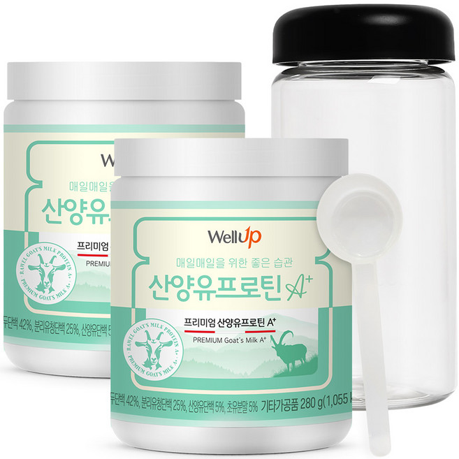 로엘 웰업 프리미엄 산양유 초유단백질 프로틴 A+ 280g 2입 + 스푼 + 보틀 세트, 1세트