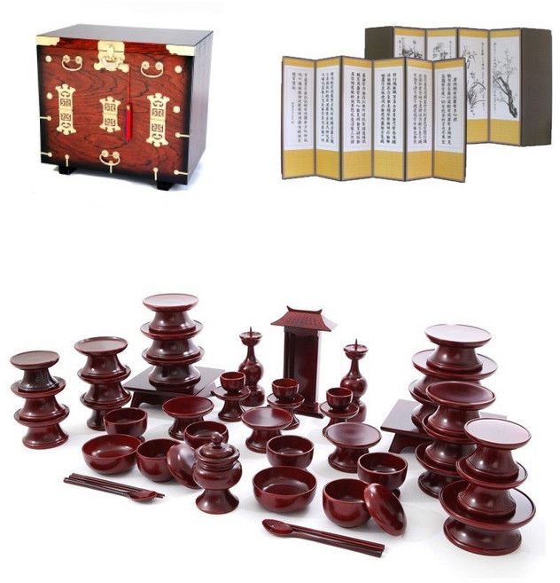 남원 문화재 오리목 제기 47p + 남원 앞닫이 제기 보관함 + 남원목기공예 비단 사군자 반야심경 6폭 병풍, 1세트, 제기 47p + 보관함 + 병풍