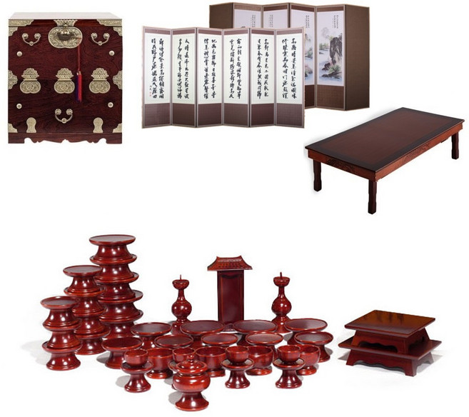 패키지 문화재 물푸레 제기 39p + 남원 오동나무 앞닫이 제기함 + 남원목기공예 옥비단 산수화 추사한시 6폭 병풍 + 남원 춘향골 직교자상 80-120, 체리 + 갈색