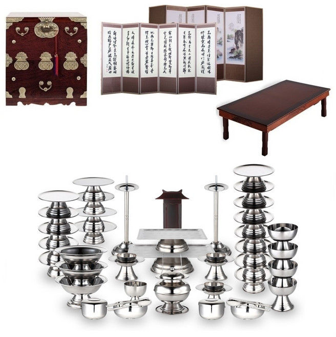 스테인레스 제기 48p + 남원 오동나무 앞닫이 제기함 + 남원 춘향골 직교자상 80-120 + 남원목기공예 옥비단 산수화 추사한시 6폭 병풍, 1세트, 제기함 + 병풍 + 제기 48p + 직교자상