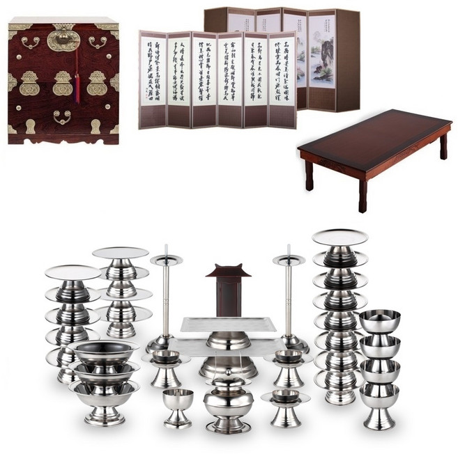 대성스텐 스테인레스 제기세트 38p + 남원 오동나무 앞닫이 제기함 + 남원 춘향골 직교자상 80-120 + 남원목기공예 옥비단 산수화 추사한시 6폭 병풍, 1세트, 제기함 + 병풍 + 제기세트 38p + 직교자상