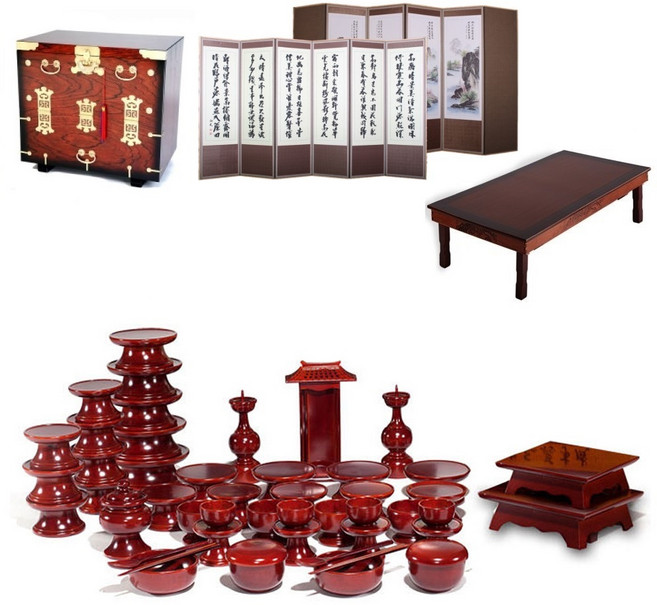 패키지 문화재 오리목 제기 49p + 남원 앞닫이 제기 보관함 + 남원목기공예 옥비단 산수화 추사한시 6폭 병풍 + 남원 춘향골 직교자상 80-120, 1세트