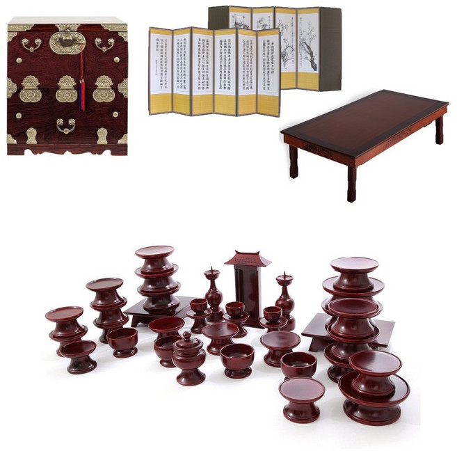 남원 문화재 오리목 제기 37p + 남원 오동나무 앞닫이 제기함 + 남원목기공예 비단 사군자 반야심경 6폭 병풍 + 남원 춘향골 직교자상 80-120, 1세트, 제기 37p + 제기함 + 병풍 + 직교자상