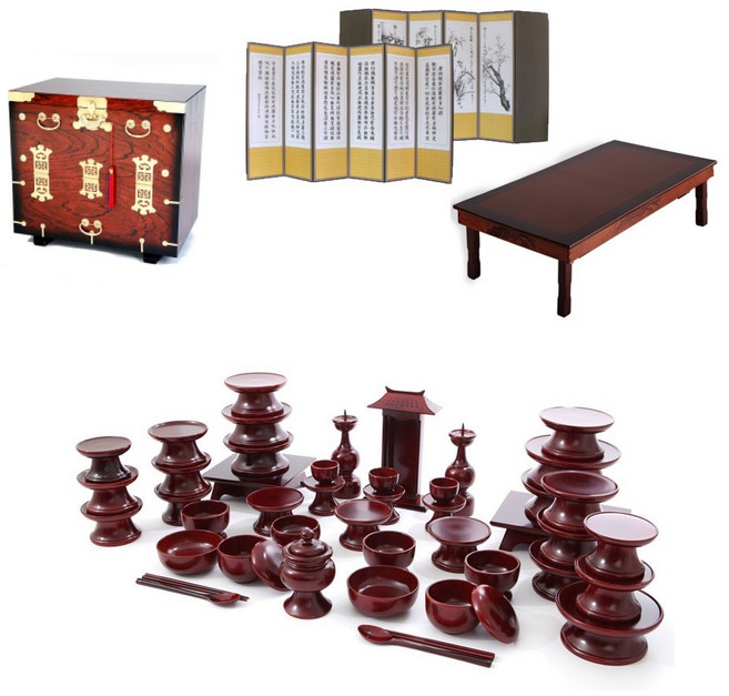 남원 문화재 오리목 제기 47p + 남원 앞닫이 제기 보관함 + 남원목기공예 비단 사군자 반야심경 6폭 병풍 + 남원 춘향골 직교자상 80-120, 1개