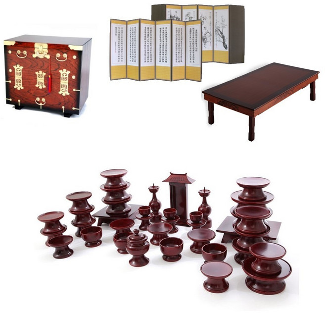 남원 문화재 오리목 제기 37p + 남원 앞닫이 제기 보관함 + 남원목기공예 비단 사군자 반야심경 6폭 병풍 + 남원 춘향골 직교자상 80-120, 1세트