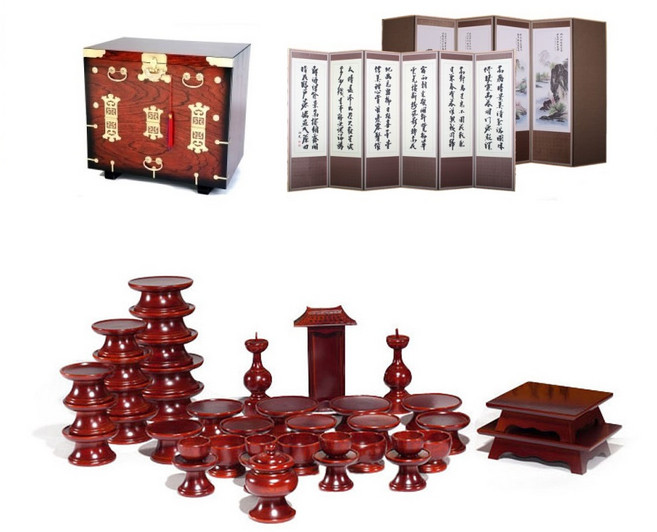 패키지 문화재 물푸레 제기 39p + 남원 앞닫이 제기 보관함 + 남원목기공예 옥비단 산수화 추사한시 6폭 병풍, 1세트