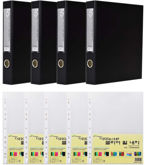 ECO Chungwoon D型3孔活頁夾 5cm x 4本 + 補充內頁 100入, 黑色, 1組