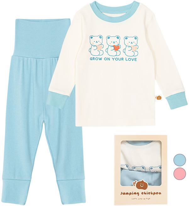 JumpingChickpea 嬰幼兒防腹痛長袖愛心熊居家服上下套裝