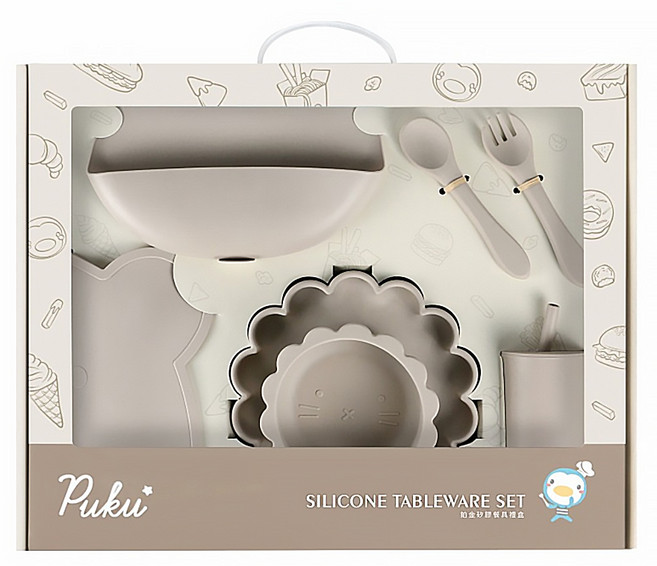 PUKU 藍色企鵝 蒔蘿鉑金矽膠餐具禮盒7件組, 盤子 + 餐碗 + 湯匙 + 叉子 + 圍兜 + 吸管杯 + 餐墊, 松花杏, 1組