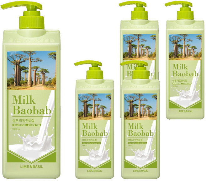 밀크바오밥 대용량 단백질 손상모 샴푸 라임앤바질향, 1L, 5개