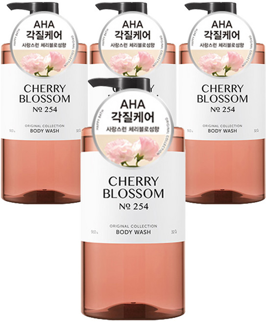 [비건라이프] 해피바스 오리지널 컬렉션 바디워시 체리블로섬향, 910g, 4개