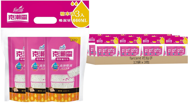 farcent 花仙子 克潮靈 除濕桶補充包 檜木香 3包, 1.05kg, 12袋