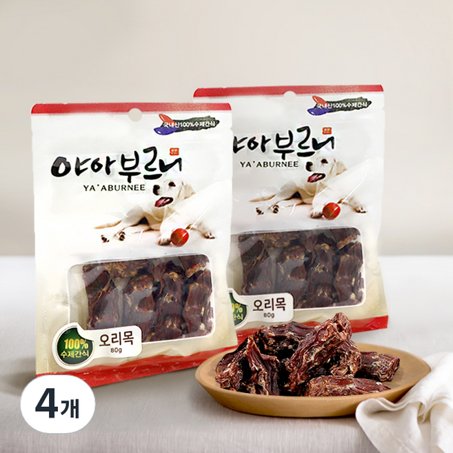 야아부르니 강아지 국내산 수제간식, 오리 목, 80g, 4개