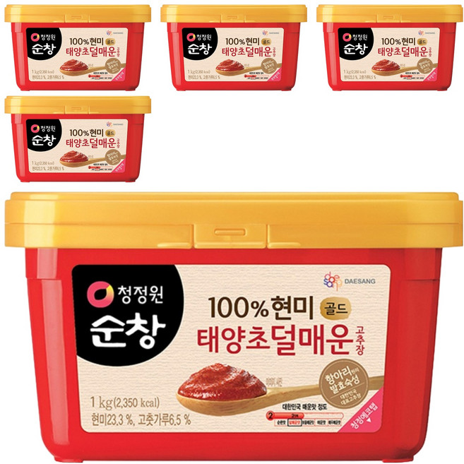 청정원순창 100% 현미 태양초 덜매운 고추장 골드, 1kg, 5개