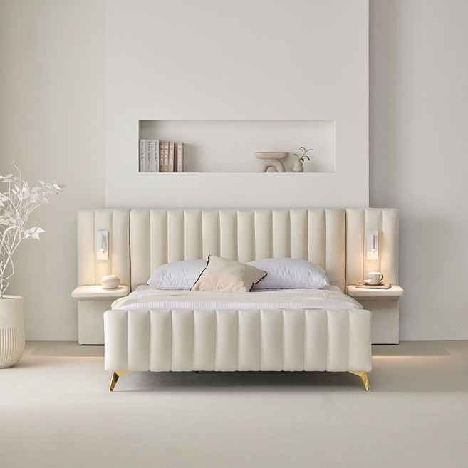 퍼니코 샤르망 앤틱 벨벳 패브릭 침대 프레임 + 사이드 패널2p 세트 방문설치, 크림 아이보리