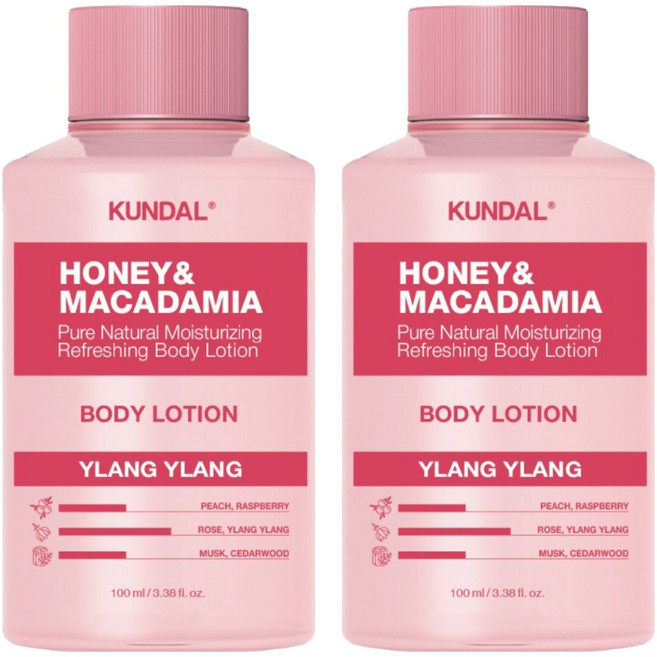 쿤달 허니 앤 마카다미아 퓨어 바디로션 미니어처 일랑일랑향, 100ml, 2개
