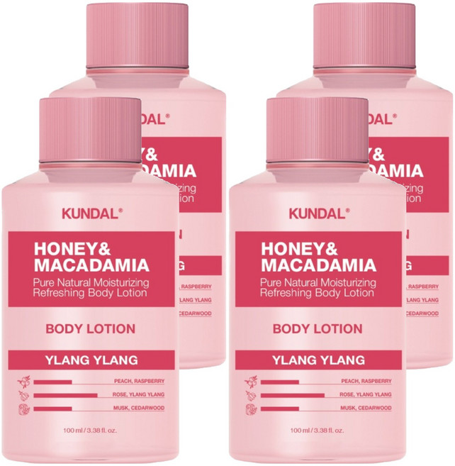 쿤달 허니 앤 마카다미아 퓨어 바디로션 미니어처 일랑일랑향, 100ml, 4개