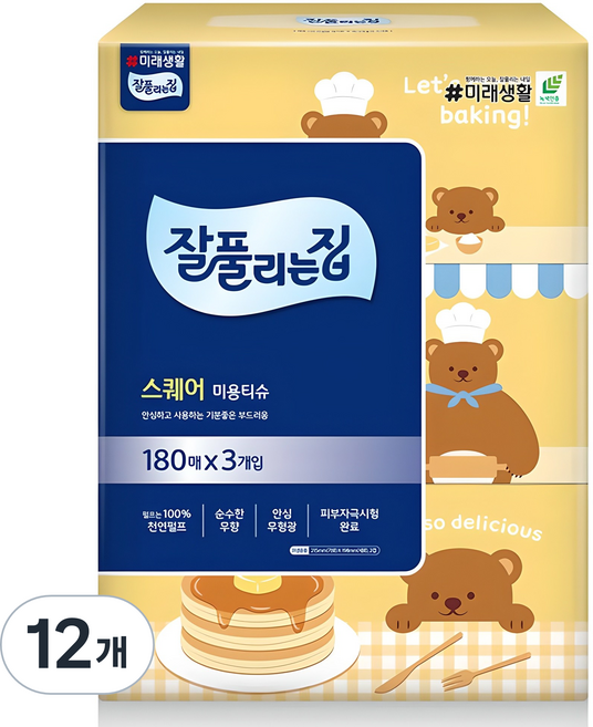 잘풀리는집 스퀘어 천연펄프 미용티슈 2겹, 12개, 180매