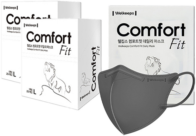 웰킵스 컴포트핏 데일리 새부리형 마스크 대형, 25개입, 2개, 다크 그레이
